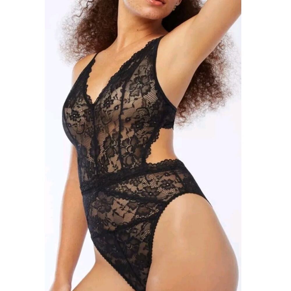 Savage X Fenty Black Lace Teddy Lingerie Bodysuit Sheer Romper Sz L